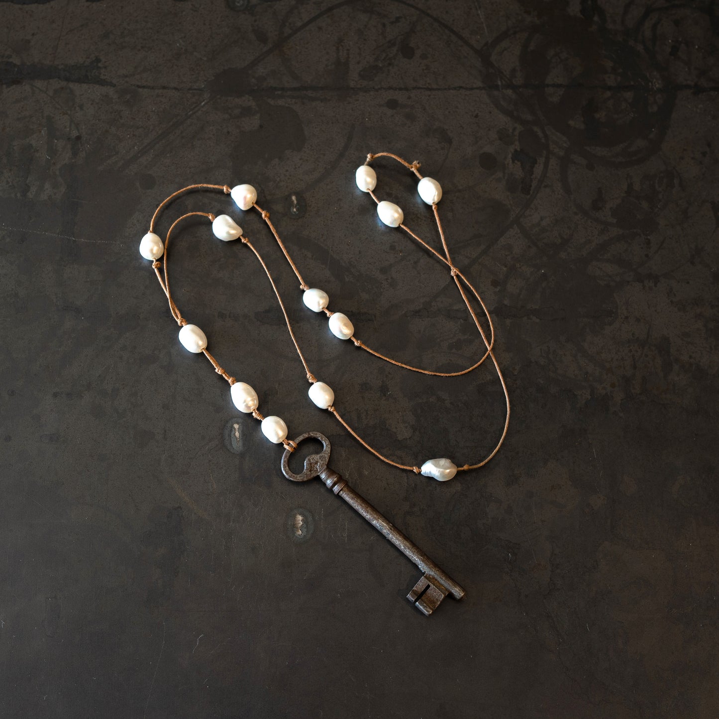 Freshwater Pearls on Leather Necklace With Vintage Iron Key