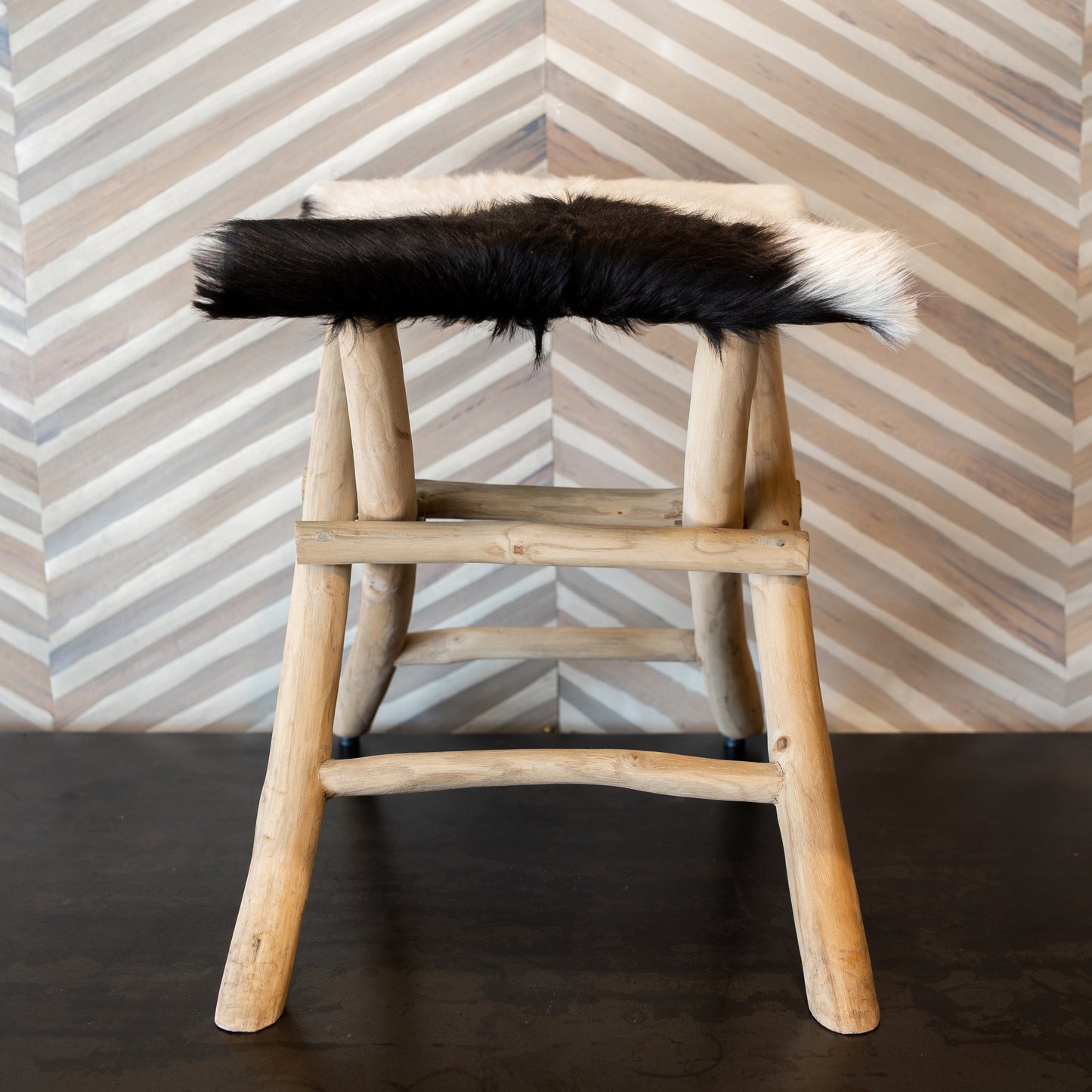 Balinese Goat Skin Fur and Teak Folding Campaign Stools